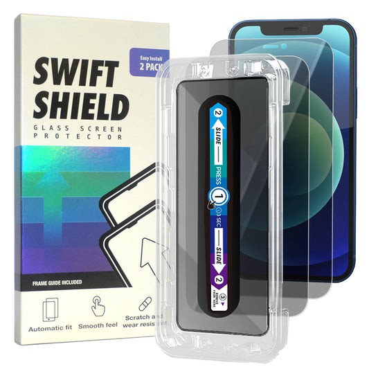 iPhone 12 Tempered Glass Screen Protector [2-Pack] with Easy Alignment Frame – Privacy, Premium by SwiftShield