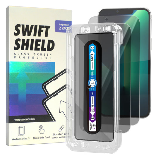 iPhone 13 Pro Max Tempered Glass Screen Protector [2-Pack] with Easy Alignment Frame – Privacy, Premium by SwiftShield