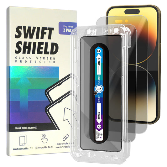 iPhone 14 Pro Max Tempered Glass Screen Protector [2-Pack] with Easy Alignment Frame – Privacy, Premium by SwiftShield