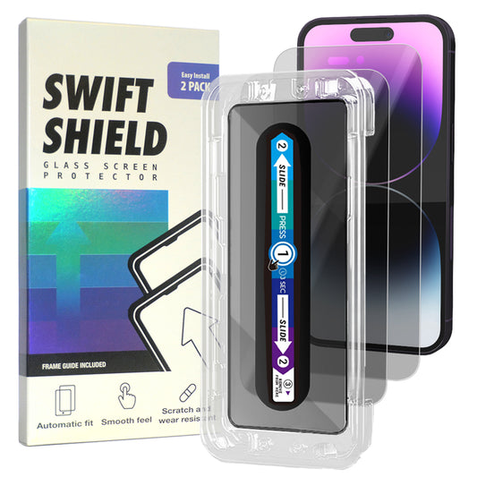 iPhone 14 Pro Tempered Glass Screen Protector [2-Pack] with Easy Alignment Frame – Privacy, Premium by SwiftShield