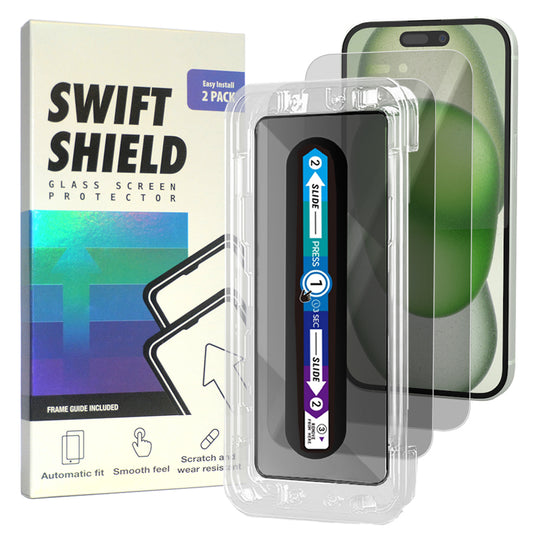 iPhone 15 Plus Tempered Glass Screen Protector [2-Pack] with Easy Alignment Frame – Privacy, Premium by SwiftShield