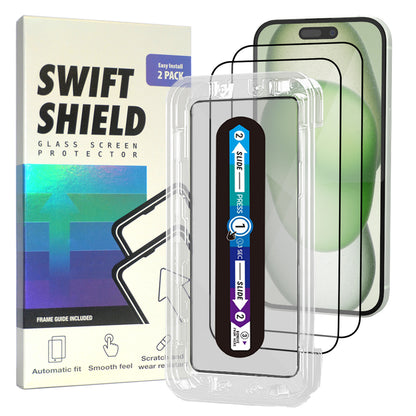 iPhone 15 Plus Tempered Glass Screen Protector [2-Pack] with Easy Alignment Frame – Clear, Premium by SwiftShield