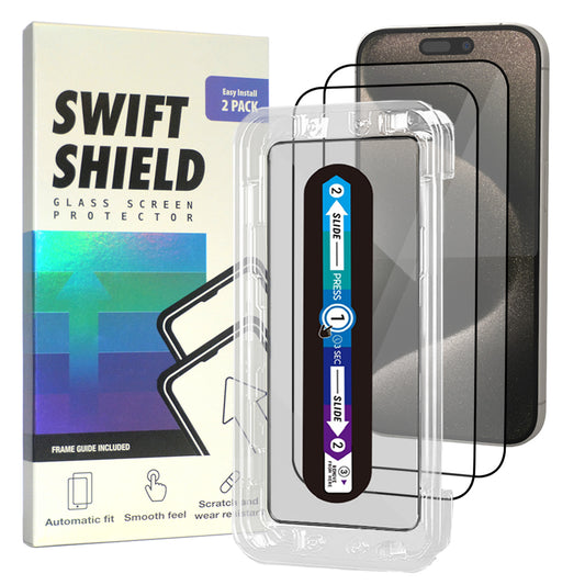 iPhone 15 Pro Max Tempered Glass Screen Protector [2-Pack] with Easy Alignment Frame – Clear, Premium by SwiftShield