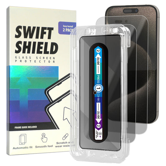 iPhone 15 Pro Max Tempered Glass Screen Protector [2-Pack] with Easy Alignment Frame – Privacy, Premium by SwiftShield