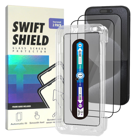 iPhone 15 Pro Tempered Glass Screen Protector [2-Pack] with Easy Alignment Frame – Clear, Premium by SwiftShield