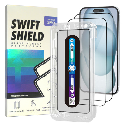 iPhone 15 Tempered Glass Screen Protector [2-Pack] with Easy Alignment Frame – Clear, Premium by SwiftShield