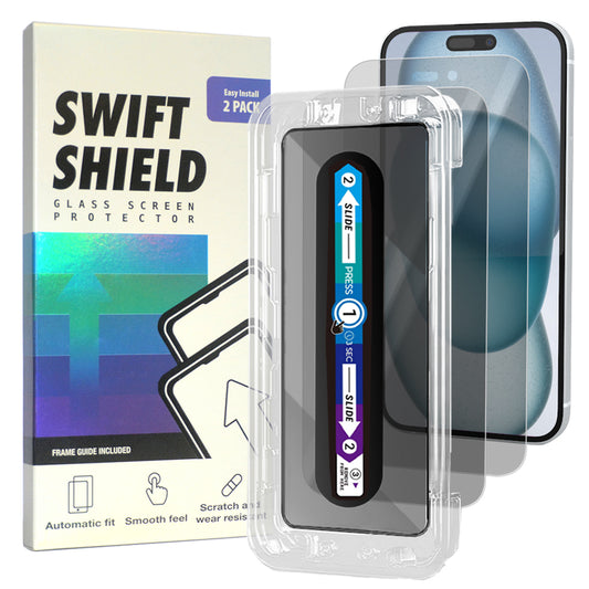 iPhone 15 Tempered Glass Screen Protector [2-Pack] with Easy Alignment Frame – Privacy, Premium by SwiftShield